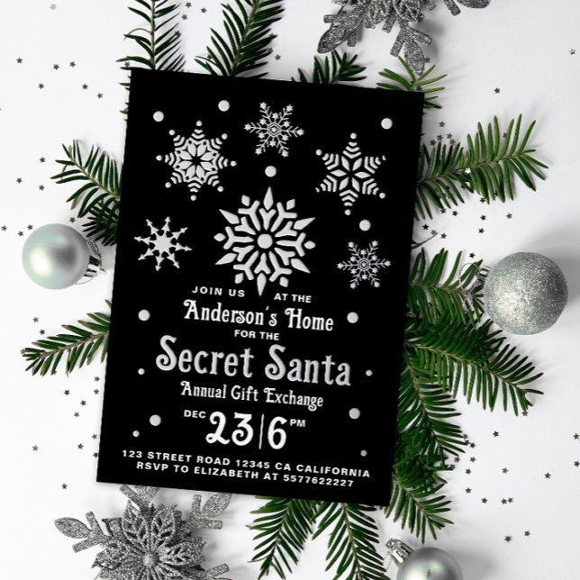 Stylish Elegant Black Secret Santa Snowflake Foil Holiday Card (Creator Uploaded)