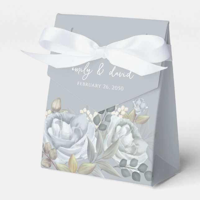 Stylish Elegant Blue Floral Calligraphy Ampersand Favour Box (Front Side)