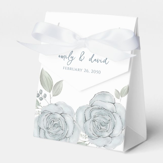 Stylish Elegant Blue Floral Rose Calligraphy Treat Favour Box (Front Side)