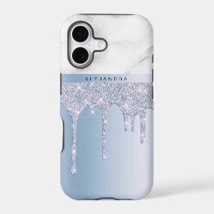 Stylish elegant blue glitter drips white marble