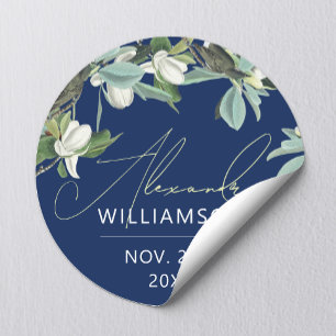 Stylish Elegant Blue White And Green Floral  Classic Round Sticker