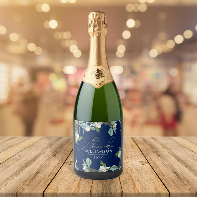 Stylish Elegant Blue White And Green Floral Party Sparkling Wine Label (Creator Uploaded)