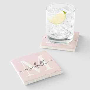 Stylish Elegant Blush Pink Monogram Name Script Stone Coaster