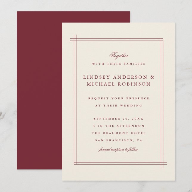 Stylish Elegant Burgundy & Pearled Ivory Wedding Invitation (Front/Back)
