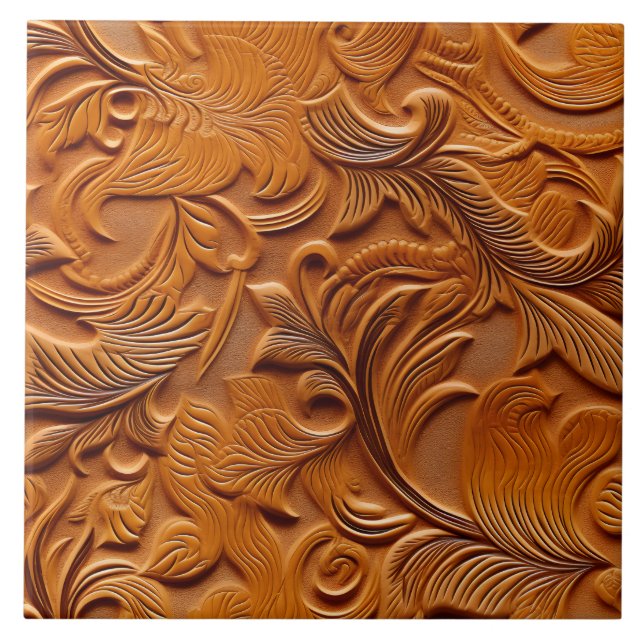 Stylish Elegant Camel Brown Faux Embossed Leather Ceramic Tile (Front)
