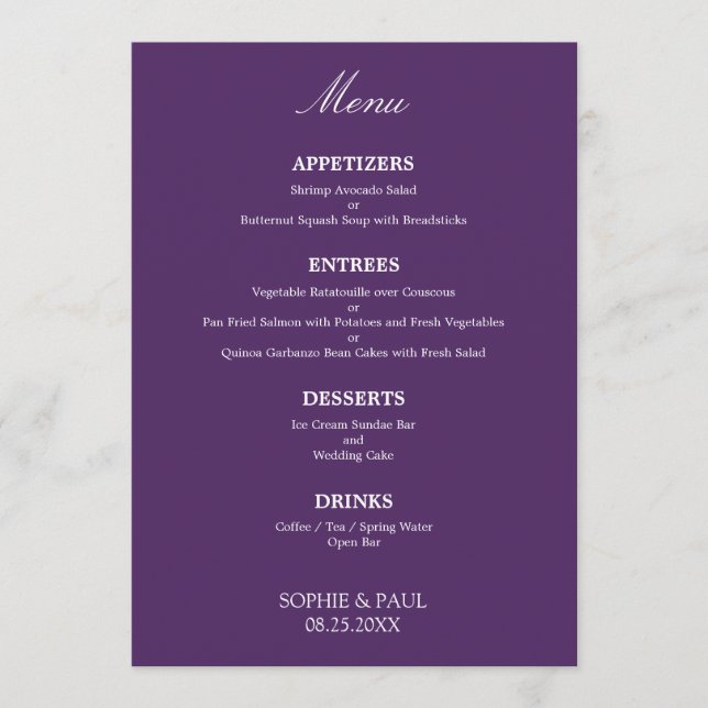 Stylish Elegant Dark Purple Wedding Menu (Front)