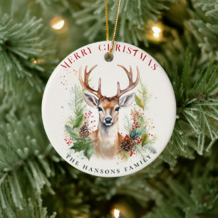 Stylish & Elegant Deer Christmas Greenery Custom Ceramic Ornament