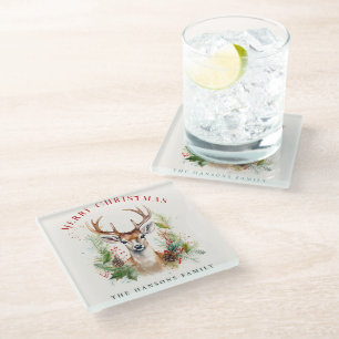 Stylish & Elegant Deer Christmas Greenery Custom Glass Coaster