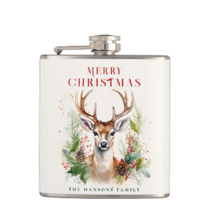 Stylish & Elegant Deer Christmas Greenery Custom Hip Flask