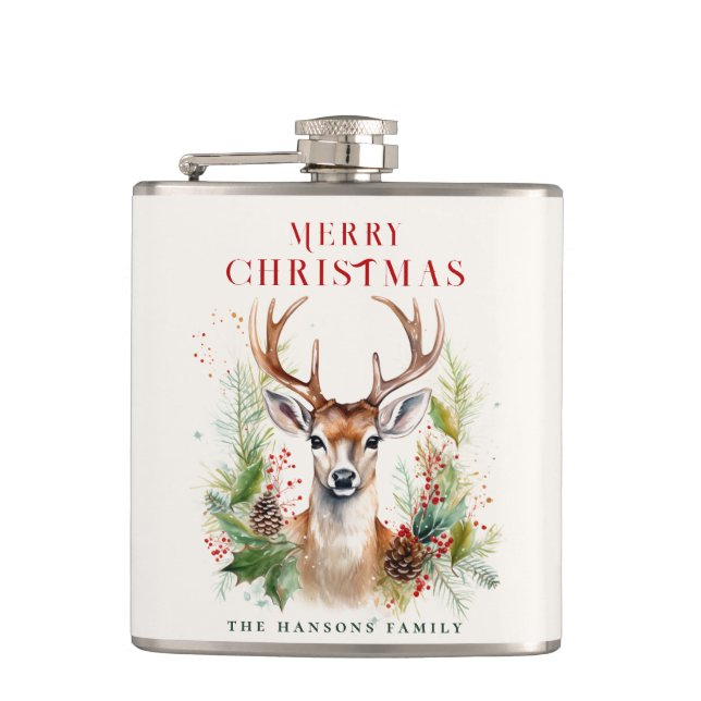 Stylish & Elegant Deer Christmas Greenery Custom Hip Flask (Front)