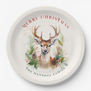 Stylish & Elegant Deer Christmas Greenery Custom Paper Plate