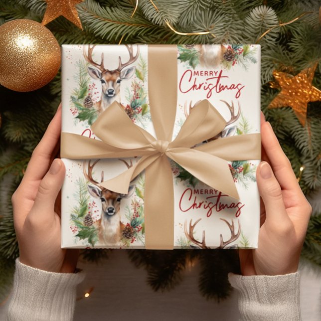 Stylish & Elegant Deer Christmas Greenery Wrapping Paper (Creator Uploaded)