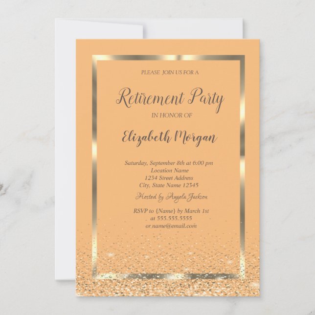 Stylish Elegant Gold Frame Confetti Retirement Invitation (Front)