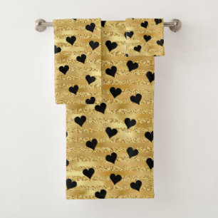 Stylish Elegant Gold Glitter Black Hearts Pattern  Bath Towel Set