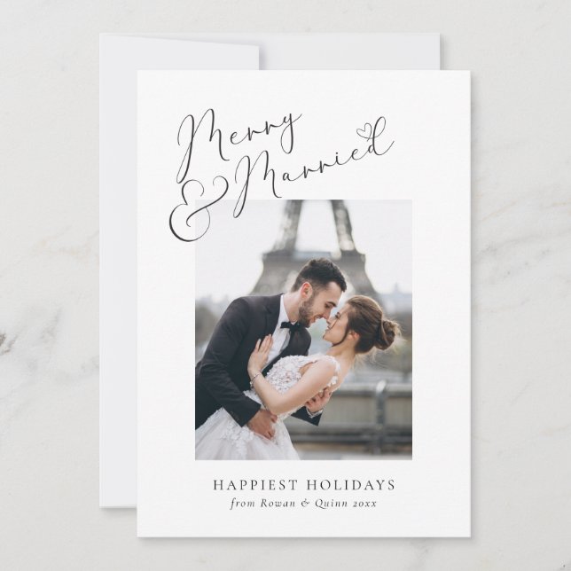 Stylish Elegant Merry and Married Photo Collage Holiday Card (Front)