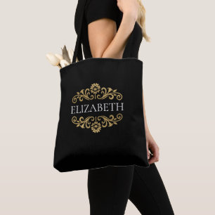 Stylish Elegant Monogram Black Gold Tote Bag