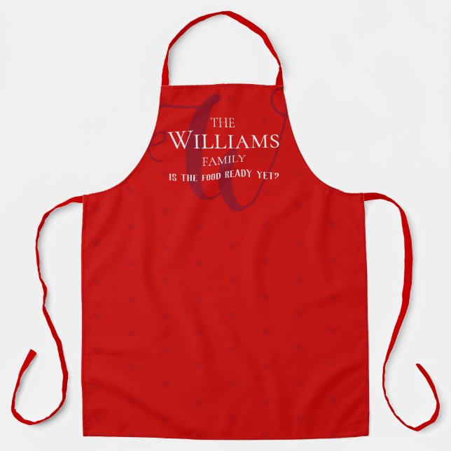 stylish elegant monogram red family apron (Front)