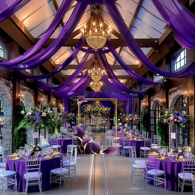 Stylish Elegant Purple Calla Lily Acrylic Wedding  Acrylic Sign (Stunning Purple Floral Calla Lily Script Wedding Welcome Sign)