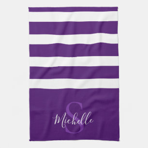 Stylish Elegant Purple Simple Striped Monogram Tea Towel