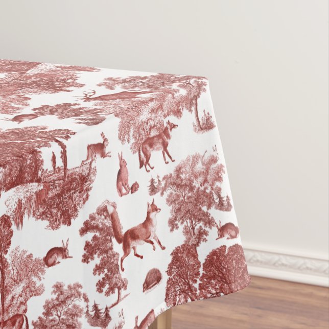 Stylish Elegant Red French Toile Fox Rabbit Tablecloth (In Situ)