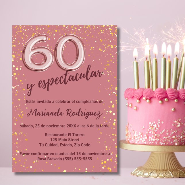 Stylish Elegant Rose Gold 60th Birthday Spanish Invitation (Creator Uploaded)