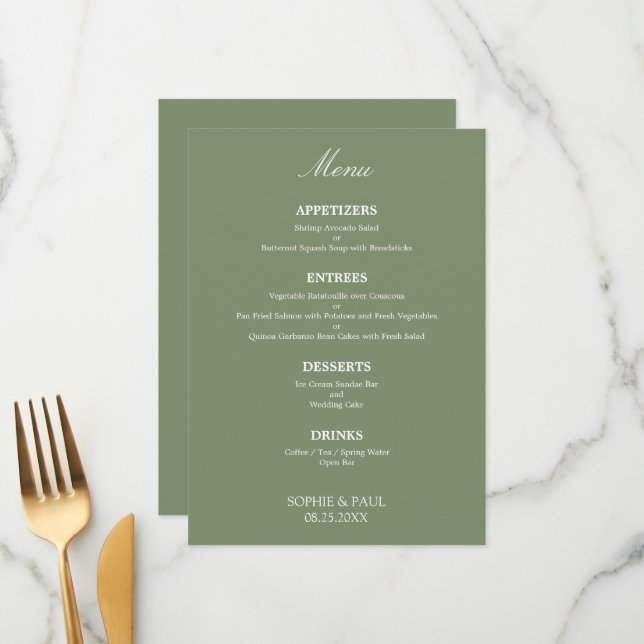 Stylish Elegant Sage Green Wedding Menu (Front/Back In Situ)