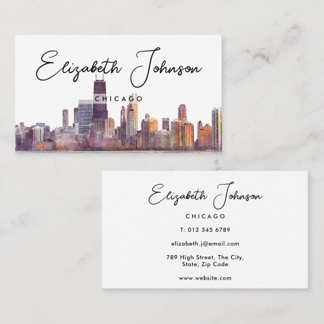 Stylish Elegant Script Chicago Skyline Business Card (Front/Back)