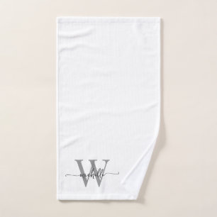 Stylish Elegant Script White Grey Monogram Name Hand Towel