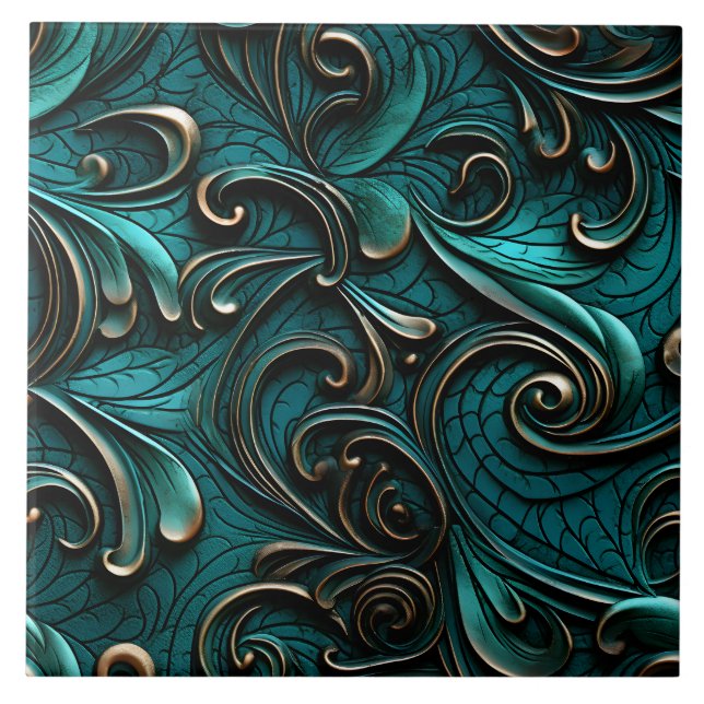 Stylish Elegant Teal Faux Embossed Leather Ceramic Tile (Front)