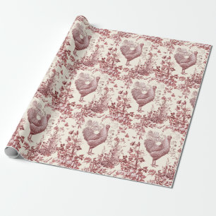 Stylish Elegant Vintage Rooster Red Floral Toile Wrapping Paper