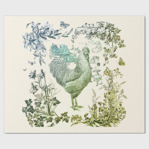 Stylish Elegant Vintage Rooster Sage Floral Toile Wrapping Paper