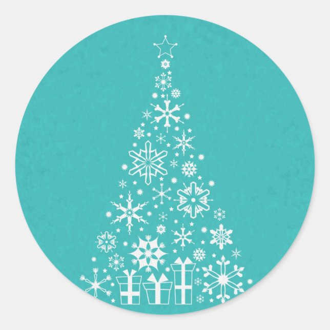 Stylish elegant white and teal Christmas tree Classic Round Sticker (Front)