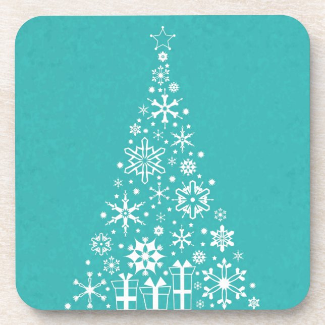 Stylish elegant white and teal Christmas tree Coaster (Front)