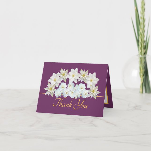 Stylish Elegant White Clematis and Roses Thank You Card (Front)