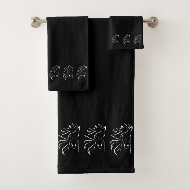 Stylish, Elegant, White Horse Silhouettes on Black Bath Towel Set (Insitu)