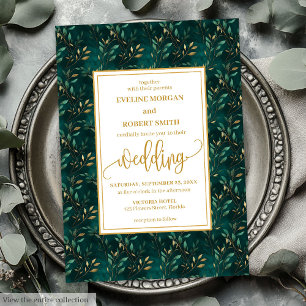 Stylish Emerald Gold Eucalyptus Wedding Invitation