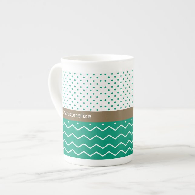 Stylish Emerald Green and White Chevron Polka Dots Bone China Mug (Front Left)