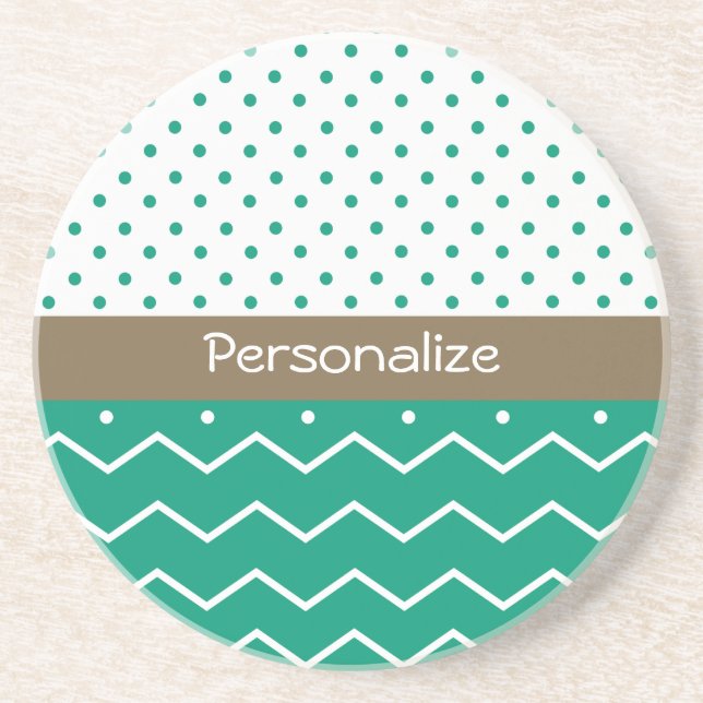 Stylish Emerald Green and White Chevron Polka Dots Coaster (Front)