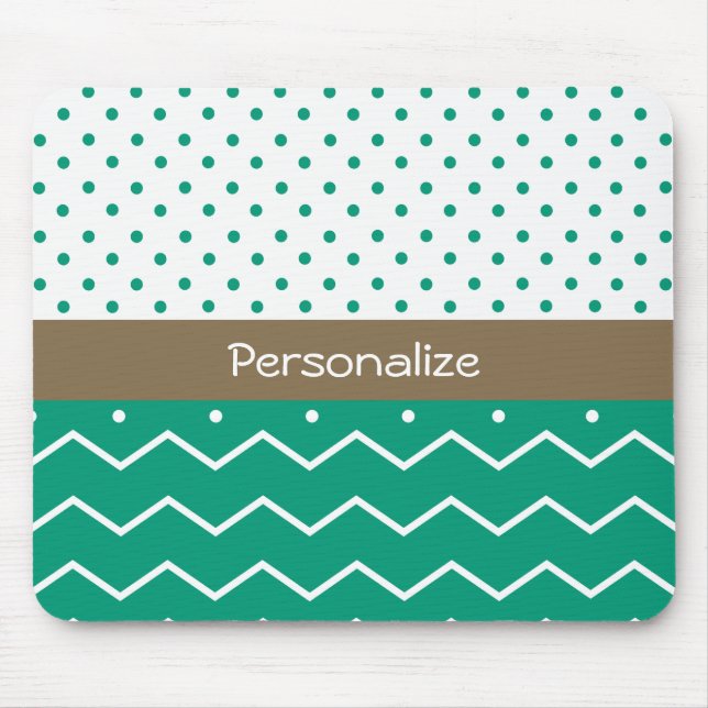 Stylish Emerald Green and White Chevron Polka Dots Mouse Pad (Front)