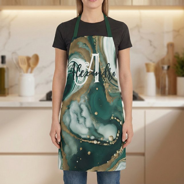 Stylish Emerald Green Gold Accents Name & Monogram Apron (Creator Uploaded)