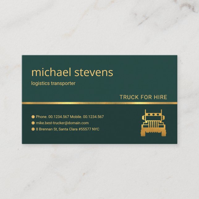 Stylish Emerald Green Gold Line Logistics Driver Business Card (Front)