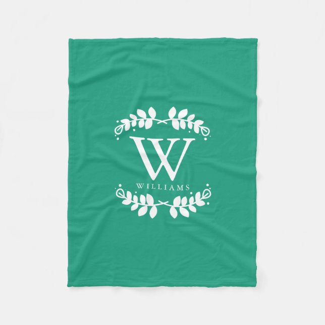 Stylish Emerald Green Monogram Fleece Blanket (Front)