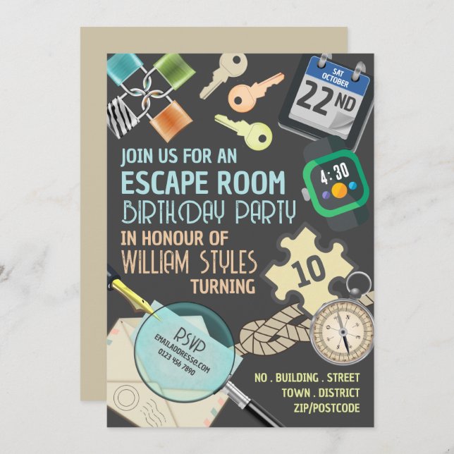Stylish Escape Room, Birthday Party Invitation (Front/Back)