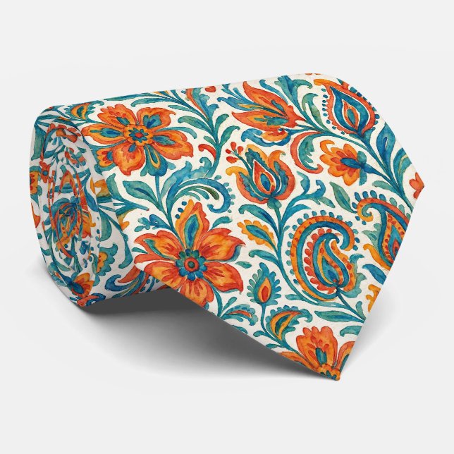 Stylish Ethnic Colourful Paisley Floral Art Patter Tie (Rolled)