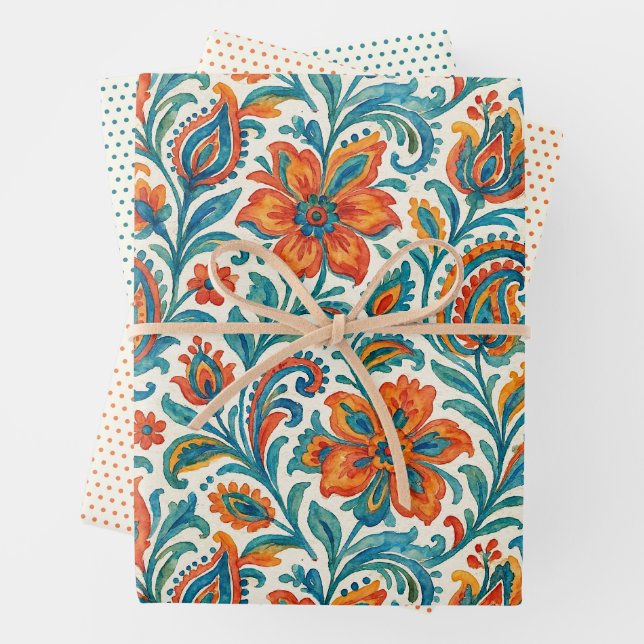 Stylish Ethnic Colourful Paisley Floral Art Patter Wrapping Paper Sheet (In situ)