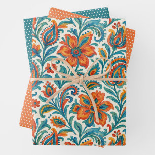 Stylish Ethnic Colourful Paisley Floral Art Patter Wrapping Paper Sheet