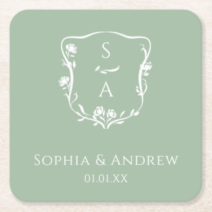 Stylish Eucalyptus Monogram Rose Crest Wedding Square Paper Coaster