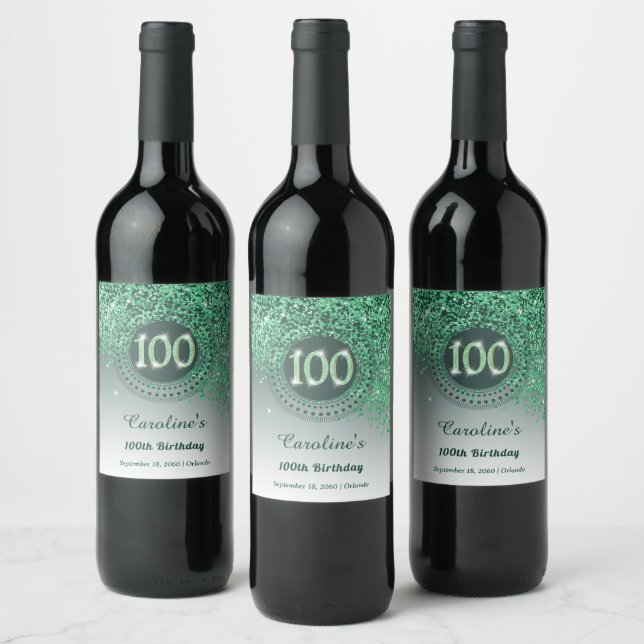 Stylish Falling Green Glitter 100th Birthday Wine Label (Bottles)