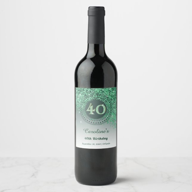 Stylish Falling Green Glitter 40th Birthday Wine Label (Front)