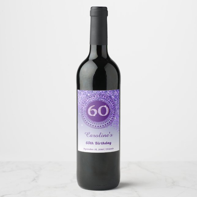 Stylish Falling Purple Glitter 60th Birthday Wine Label (Front)